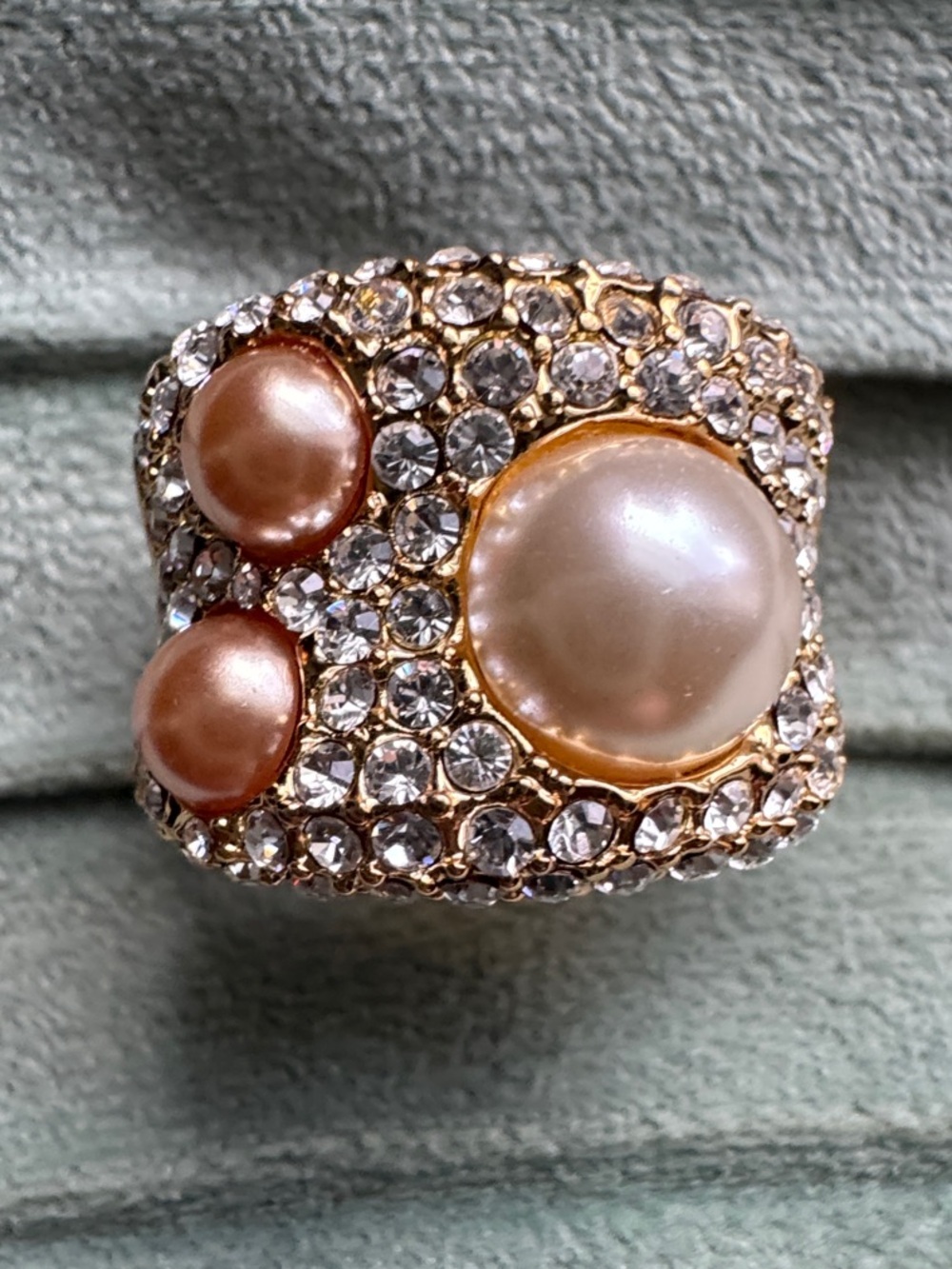 Vintage Camille Lucie Faux Pearl & Crystal Statement Ring - 14k Gold Plated